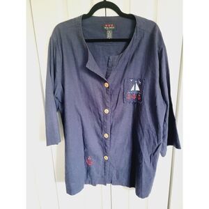 Three Hearts 1X Women’s Linen Blend Navy‎ Blue Nautical Blouse SS
